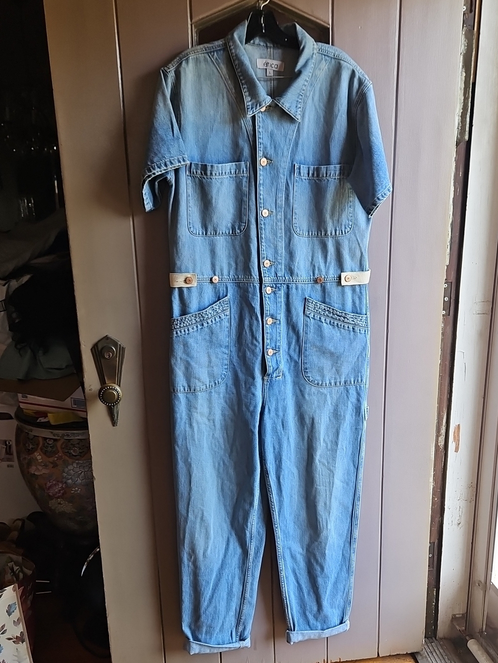 Etica Light Blue Denim Short-Sleeve Utiltiy Jumpsuit